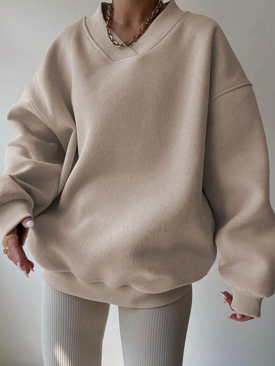 Kvinder Oversized Sweatshirt med V-hals og brede ærmekanter Skovae