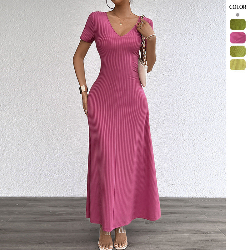 Kvindernes long sleeve maxi kjole med elegant V-hals og ribbet tekstur Stilla
