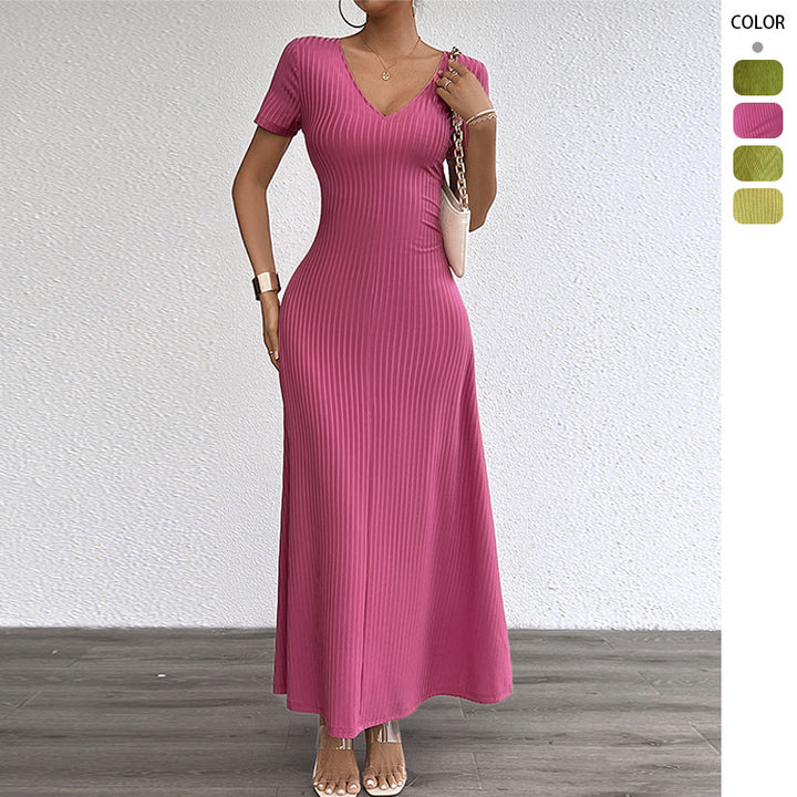 Kvindernes long sleeve maxi kjole med elegant V-hals og ribbet tekstur Stilla