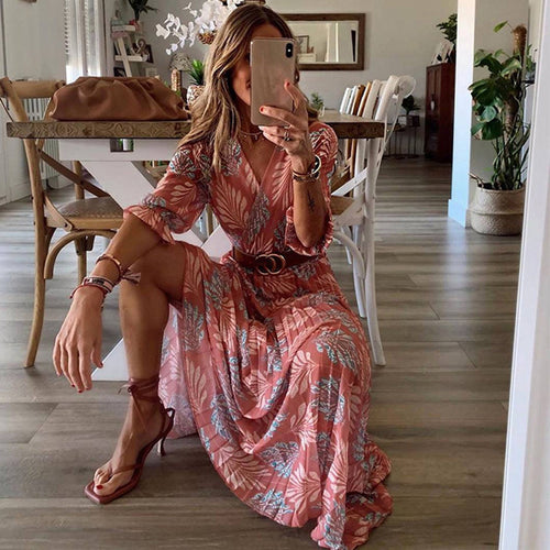Dame maxikjole med elegant talje og blomstret bladdesign Stilla