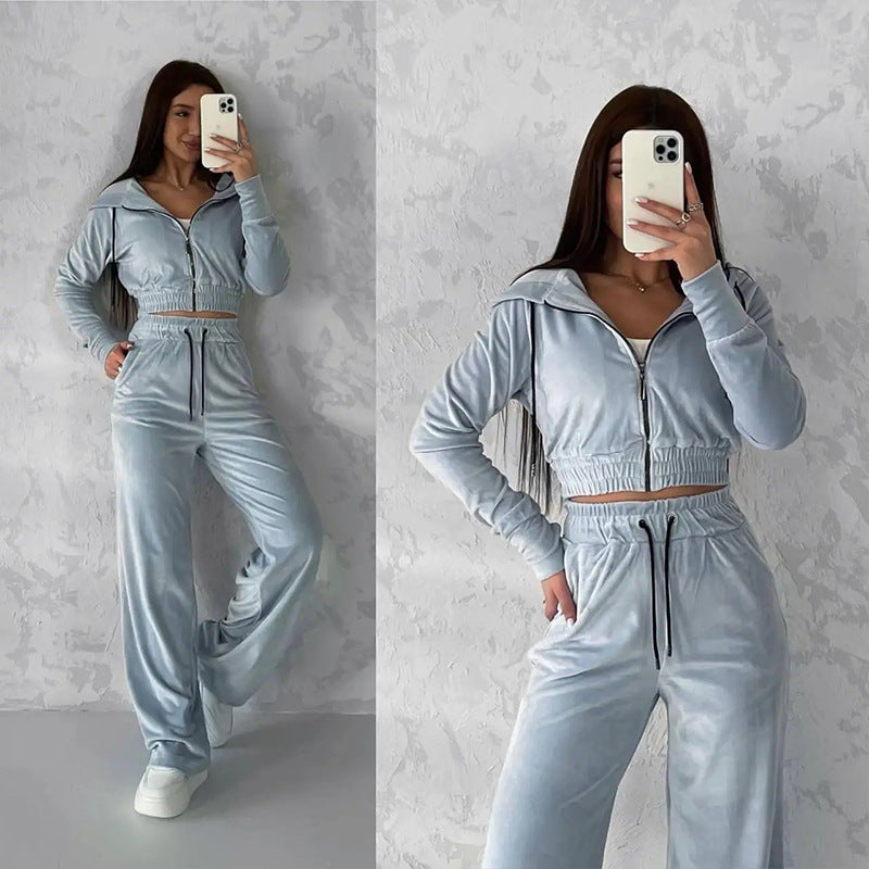 Kvinders afslappede fleece sæt med cropped top og brede bukser