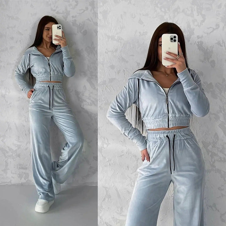 Kvinders afslappede fleece sæt med cropped top og brede bukser