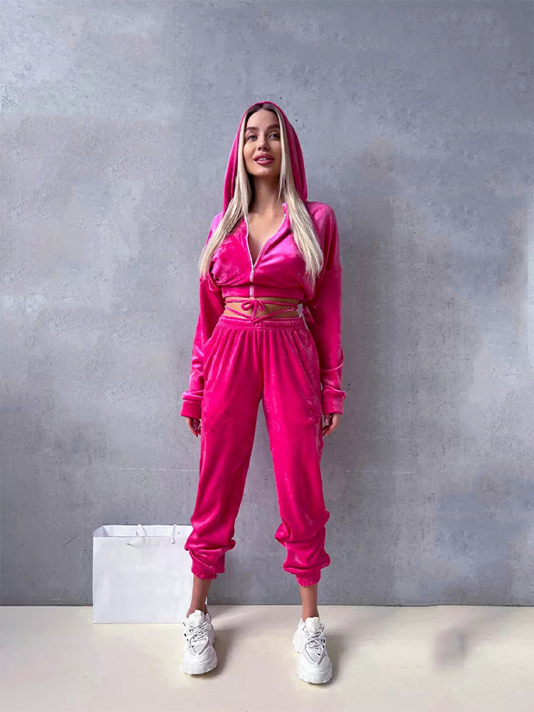 Kvindernes fleece træningsdragt med glamorøs cropped hoodie og joggingbukser
