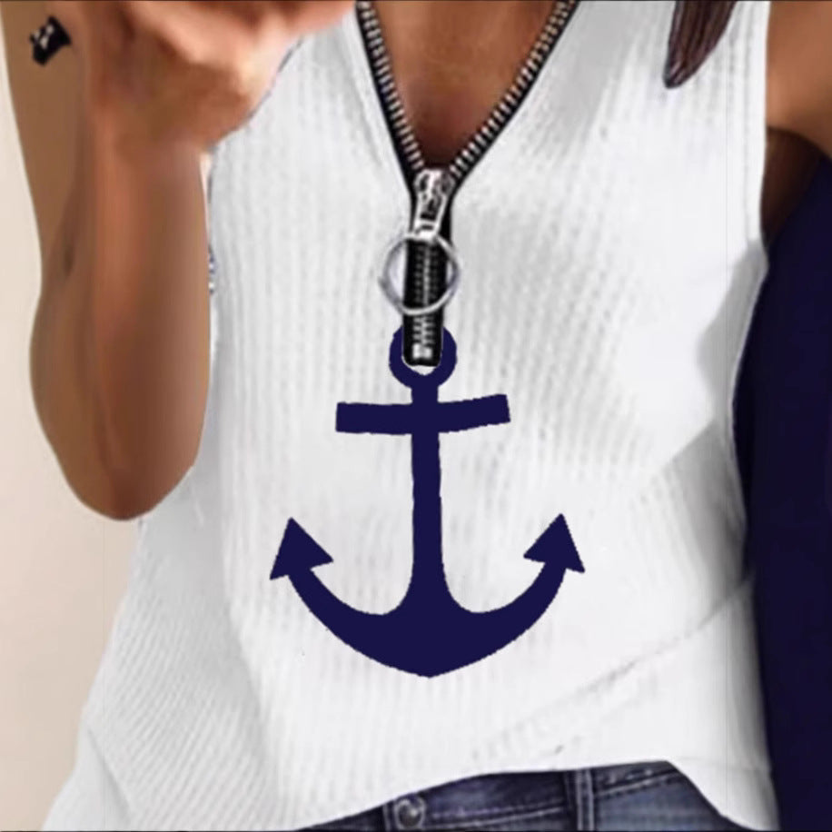 Dame Sporty T-shirt med lynlås og maritime motiver Skovae