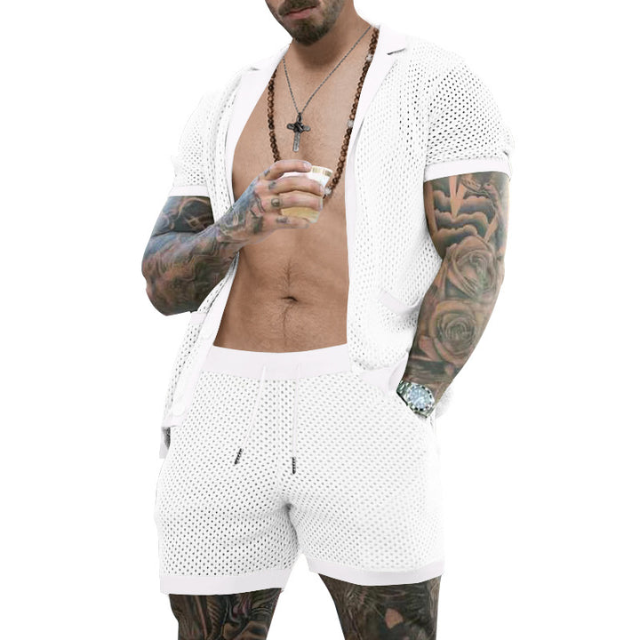 Herrer nan åben netstrik-cardigan med matchende snortræk-shorts Skovae