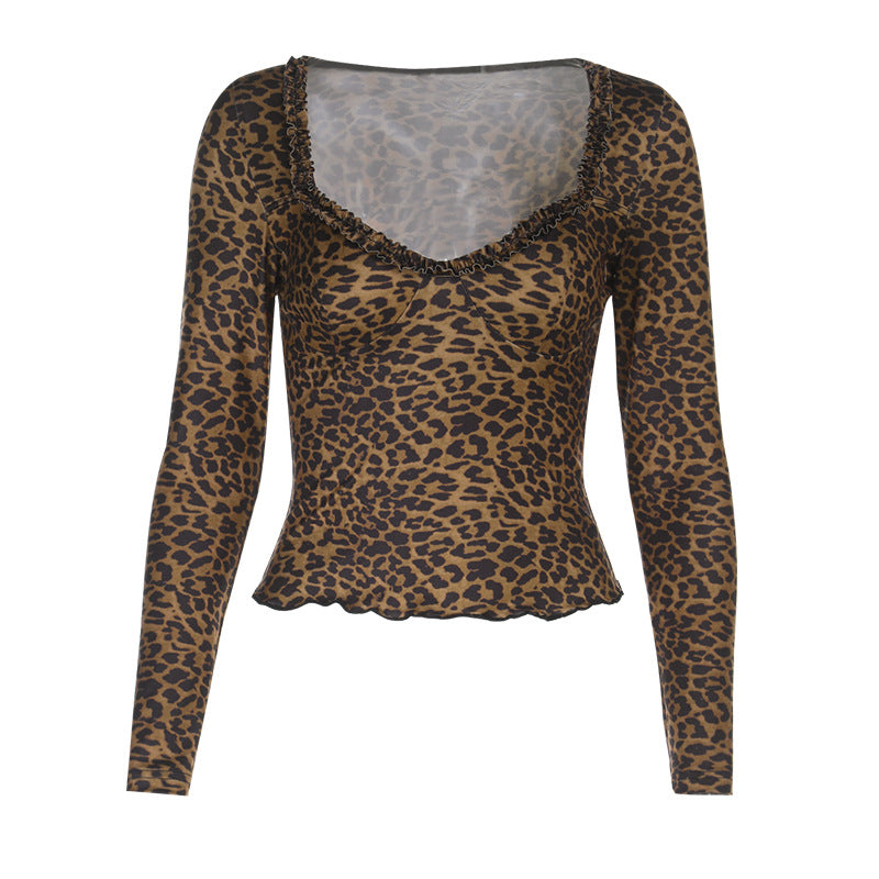 Dame elegant leopardmønster langærmet top Skovae