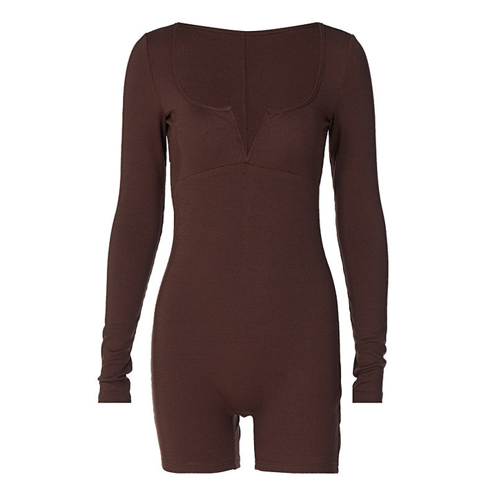 Dame Elegant Langærmet Jumpsuit med V-hals og tætsiddende pasform Stilla