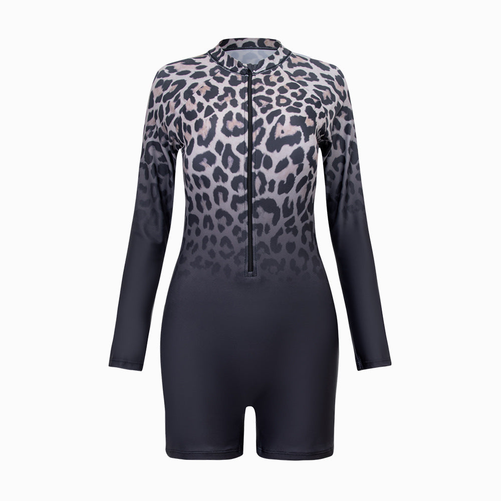 Dame Sporty langærmet jumpsuit med lynlås og trendy leopardmønster Skovae