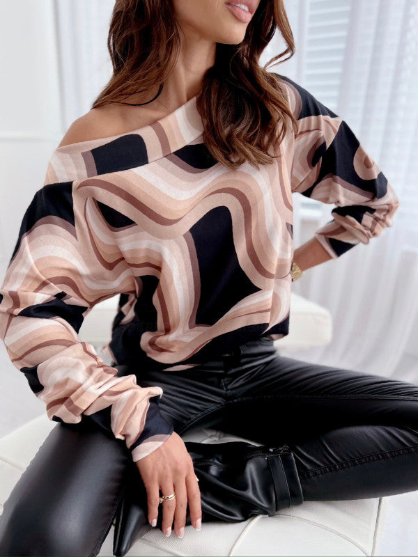Dame Off-Shoulder Top med abstrakt mønster og afslappet snit Stilla