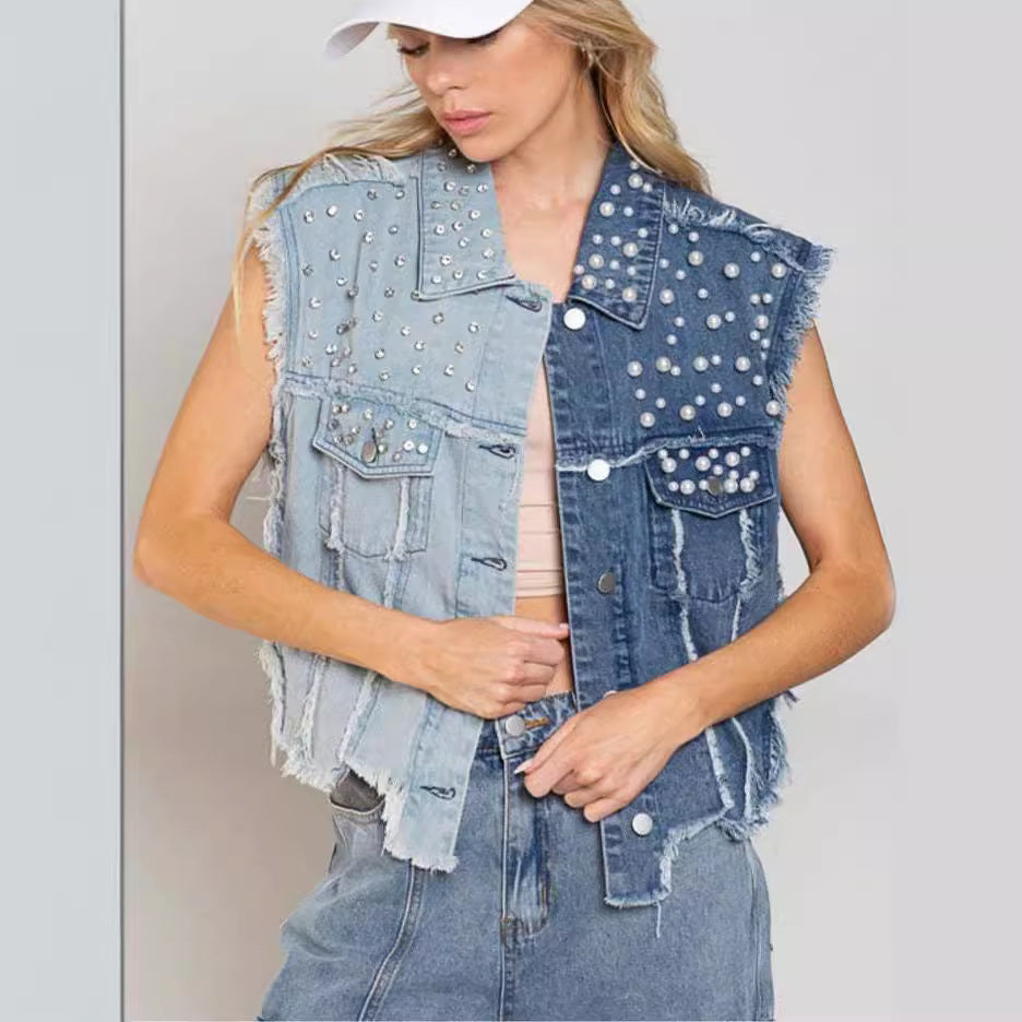 Dame jeansvest med kunstperler og frynser Stilla