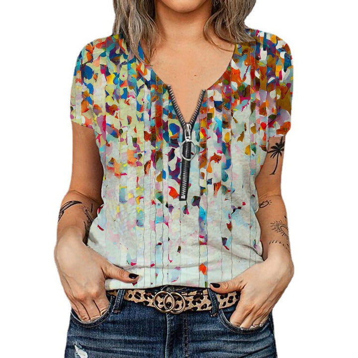 Damer Mode T-shirt med lynlås og blomsterdesign Skovae