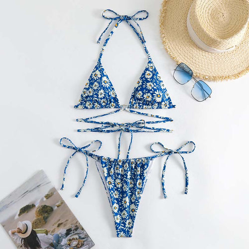 Femme Daisy Print Trekant-Bikini-Sæt med justerbare Bindebånd Stilla