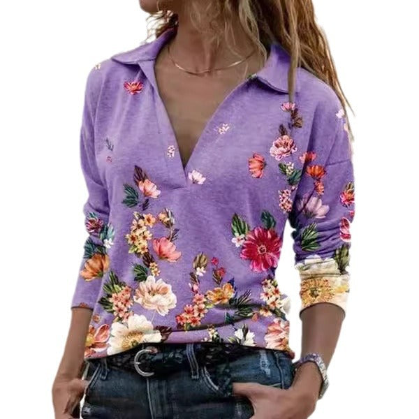 Damebluse med blomsterdesign og polo-krave Stilla