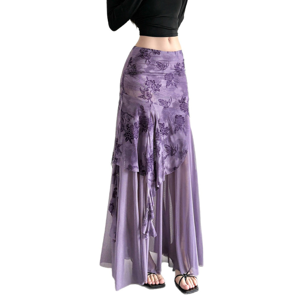 Damen asymmetrischer Maxirock mit floralen Details und transparenten Schichten Skovae