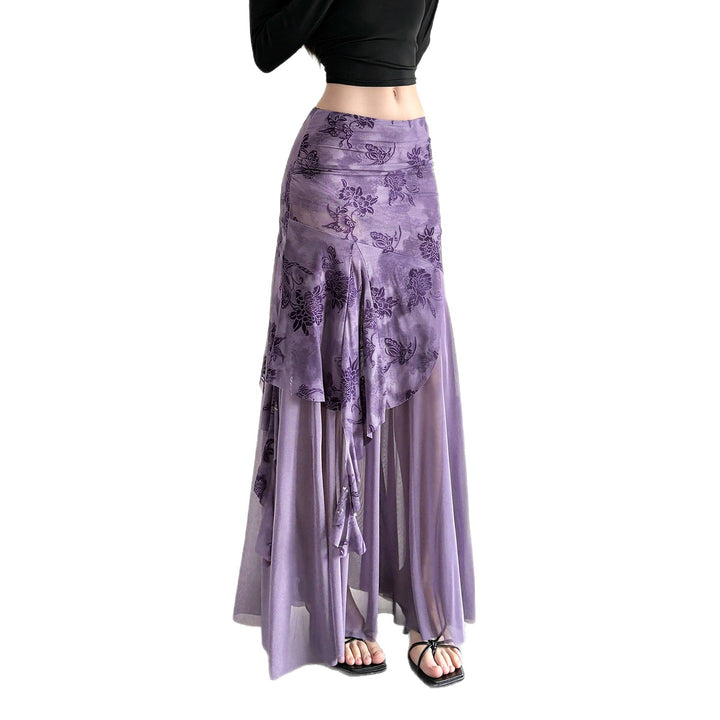 Damen asymmetrischer Maxirock mit floralen Details und transparenten Schichten Skovae