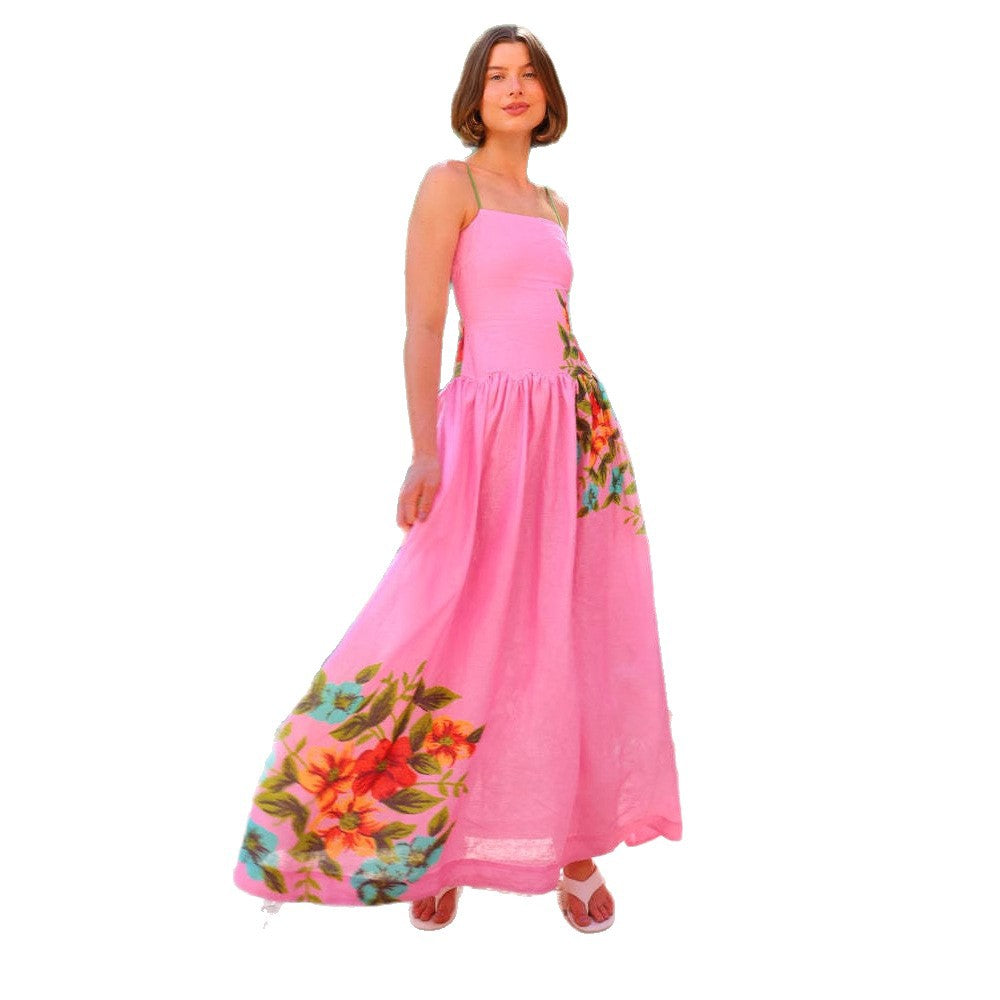 Dame maxi kjole med blomster drapering design og stropper, der afslører ankler