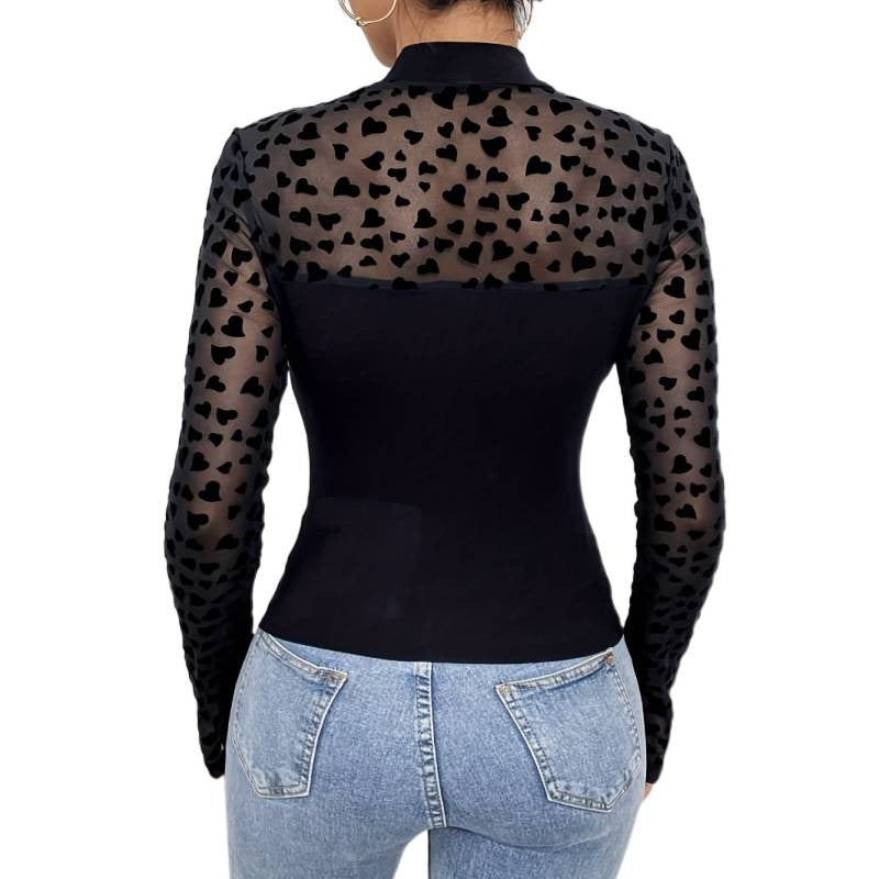 Dame Langærmet Bodystocking med transparente hjerter og elegant høj krave Skovae