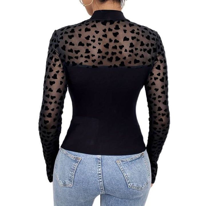 Dame Langærmet Bodystocking med transparente hjerter og elegant høj krave Skovae