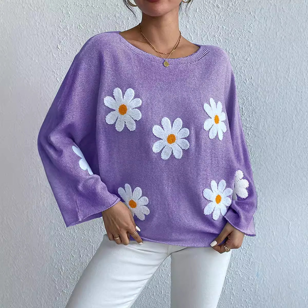 Kvindernes strikkede sweater med legende blomsterdesign og løs pasform Stilla
