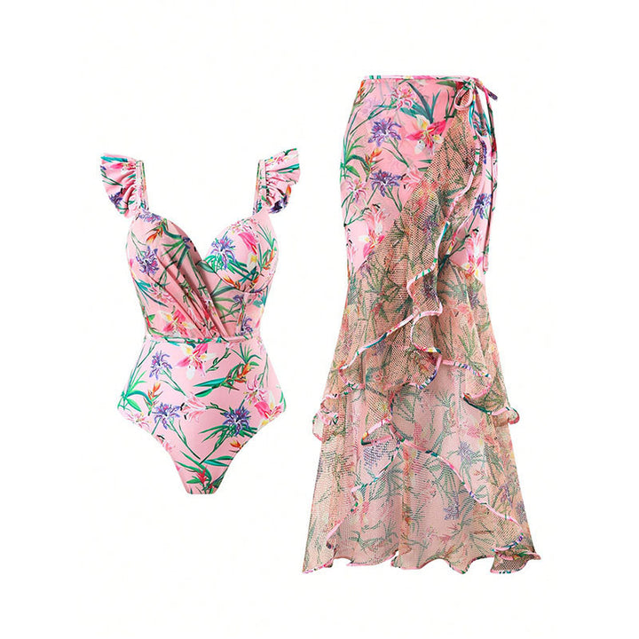 Dame One-Piece Badedragt med blomstrede volanger og matchende omslagsrulle Skovae