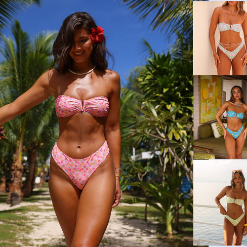 Dame Bandeau-bikini med blomsterdesign og elegant lukning Skovae
