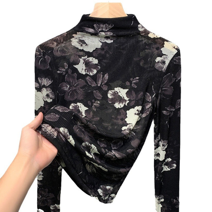 Dame Langærmet skjorte med blomsterprints og høj stålkrave Stilla