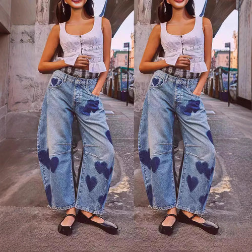 Dame Bred Jeans med Hjerte-Print og komfortabel Pasform Stilla