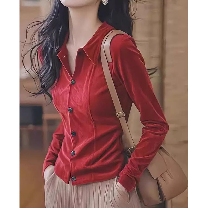 Dame skræddersyet bluse i fløjsagtig bomuld med elegant button-down krave Stilla