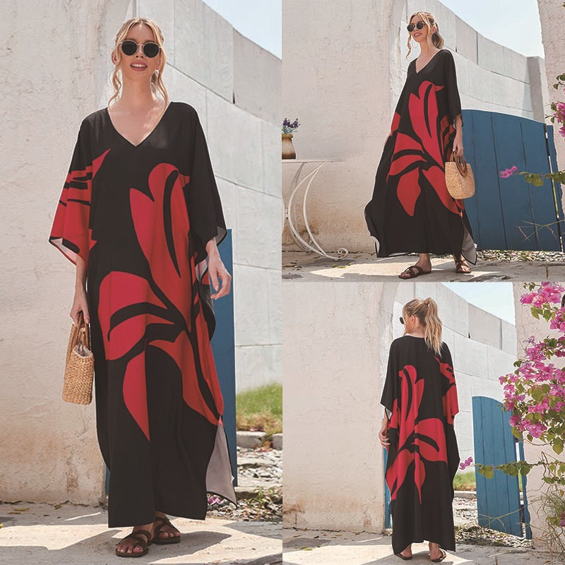 Dame Maxi-Kaftan med blomsterdesign og V-udskæring Stilla