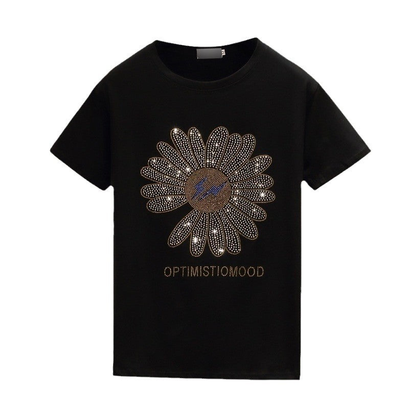 Dame T-Shirt med glitrende blomstermotiv og positiv besked Stilla