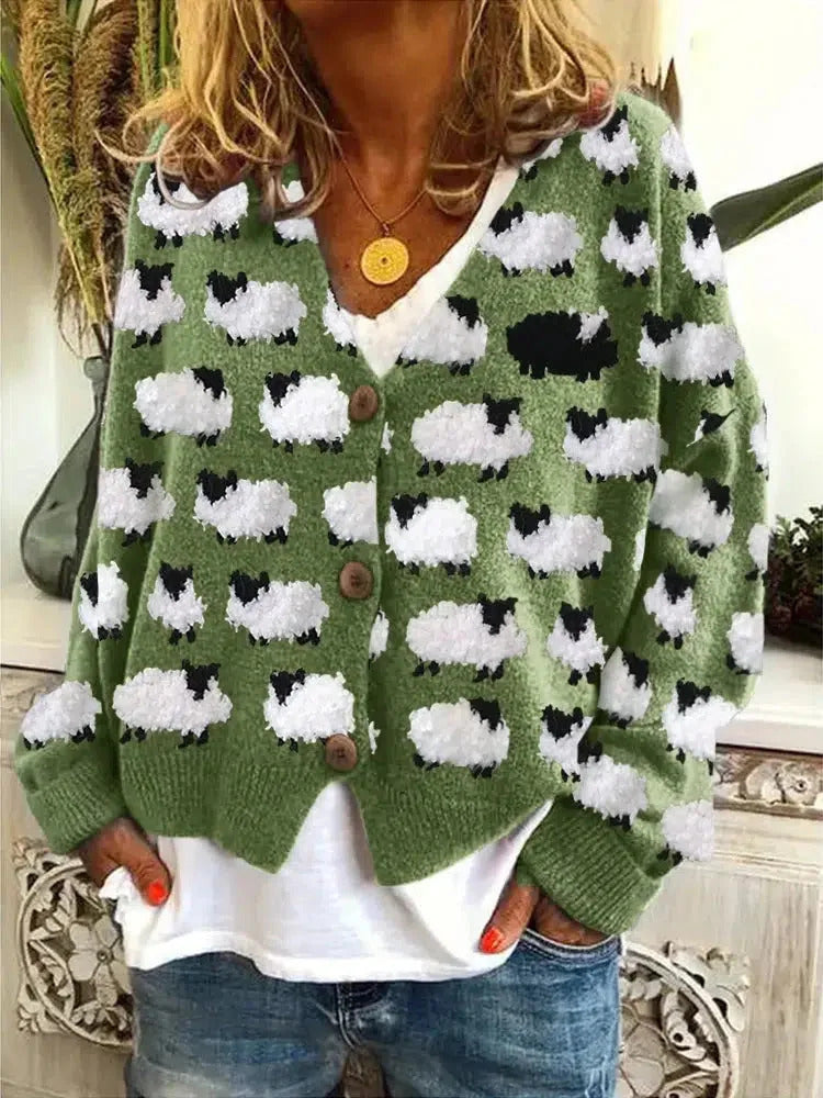 Dame cardigan med sjove fårepatterne Stilla