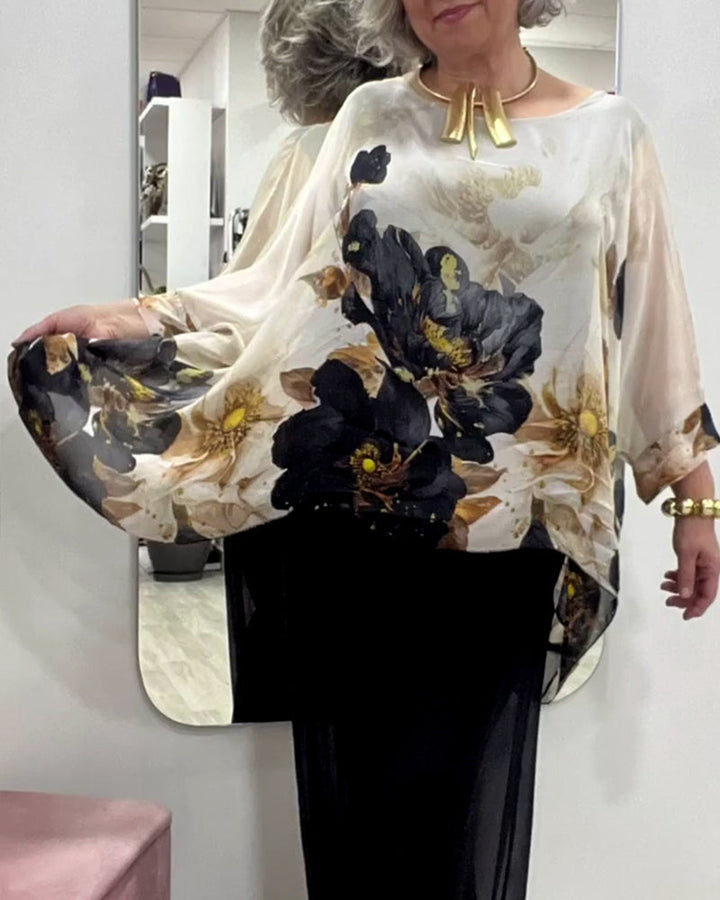 Dame nan luftig chiffon-tunika med flagermusærmer, asymmetrisk søm og blomsterprint Skovae