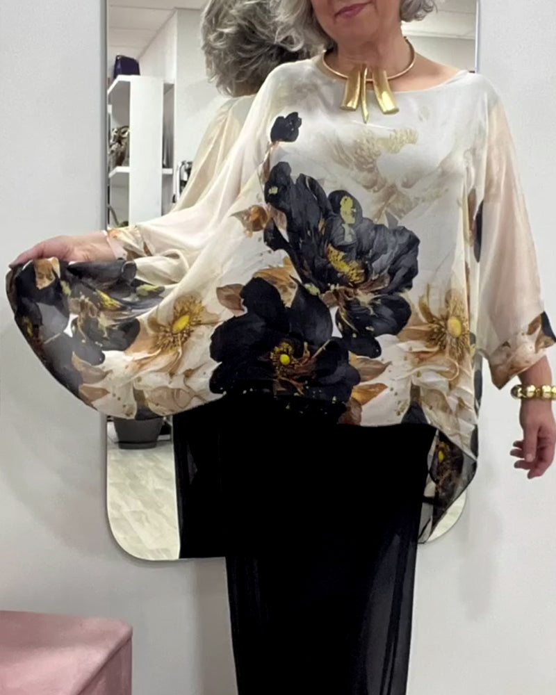 Kvinder nan elegant chiffon-tunika med flagermusærmer og asymmetrisk kant Skovae