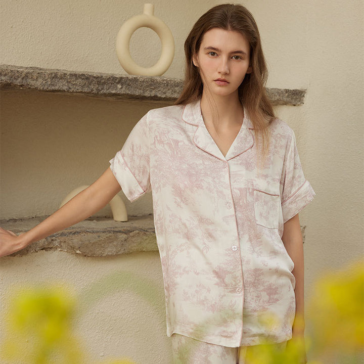 Dame Satin Pyjamas med eleganttryk Stilla