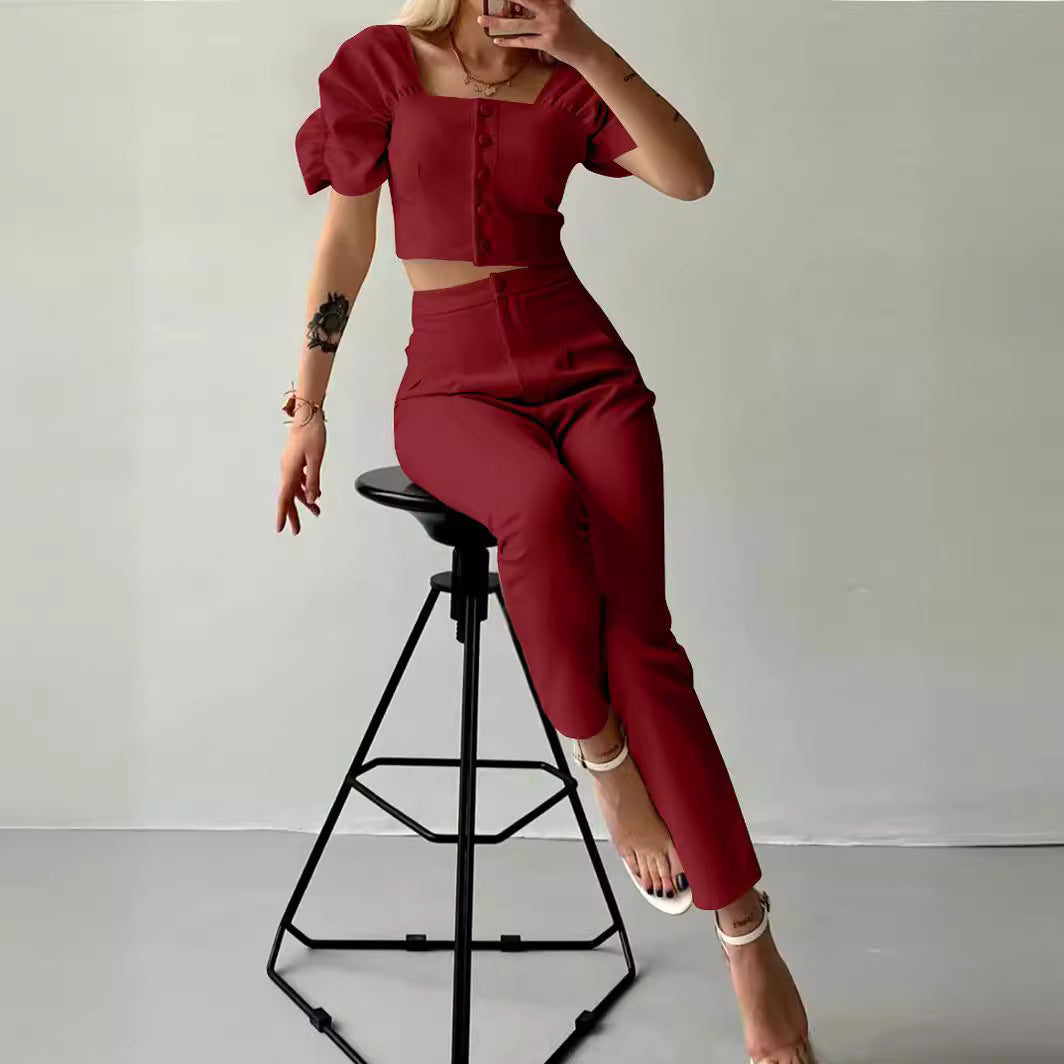 Dame moderigtigt Crop-Top med puffede ærmer og matchende bukser Stilla
