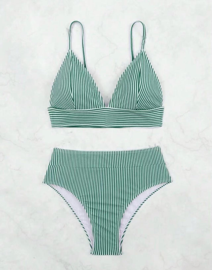 Dame Højskåret Bikini med elegant stribemønster Skovae