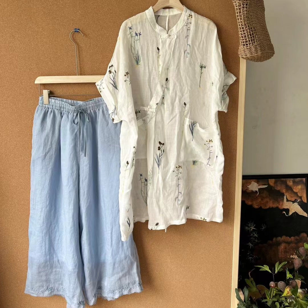 Femme Broderet Linned blouse og Løse Culottes Sæt Stilla