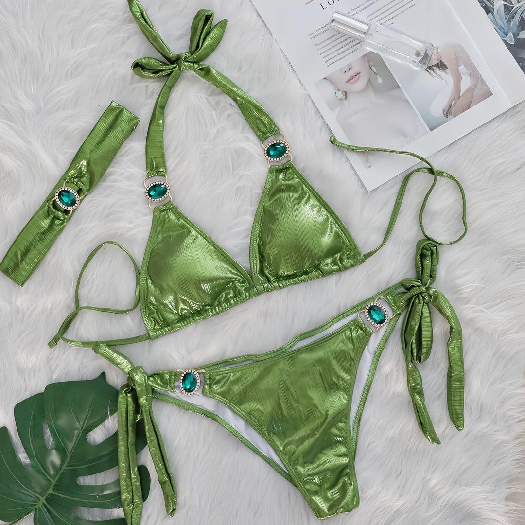 Dame Glinsende Slips-Detalje Triangle Bikini Sæt Stilla
