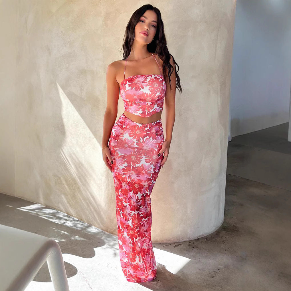 Dame Elegant Crop-Top og Maxiskørt sæt med blomsterdesign Skovae