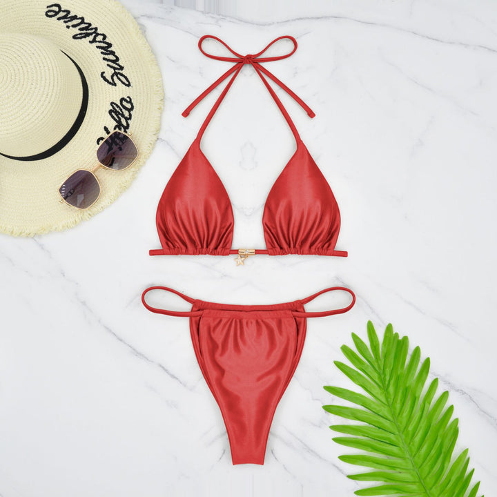 Dame Triangel-Bikini-sæt med blank satin-udseende og justerbare stropper Stilla