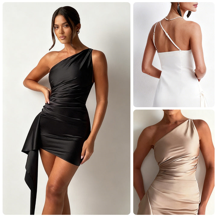 Damer Asymmetrisk Mini Kjole med Chic Draping Design og Side Overwrap Skovae