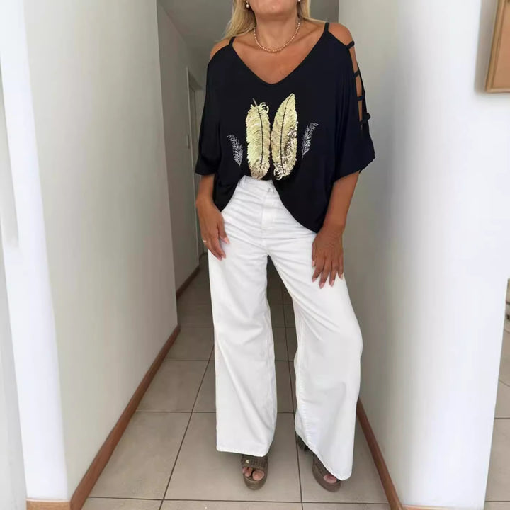 Dame Lækkert top medFashion fjer motiv Stilla