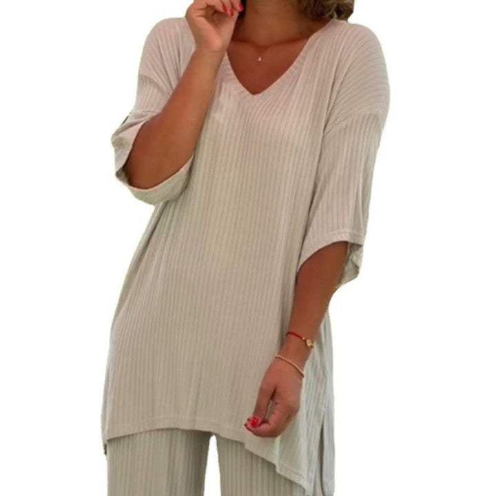 Damer nan to-delt rejse- og loungewear-sæt lavet af blød ribjersey med longline-tunika og palazzo-bukser Skovae