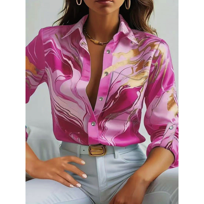 Damer Elegant Satinbluse med maritimt mønster Stilla