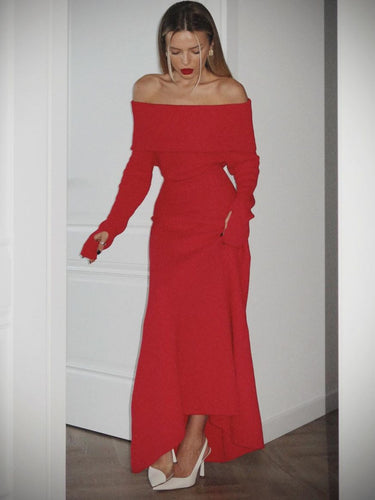 Dame Off-Shoulder Strikkjole med lang længde og bred kant Stilla