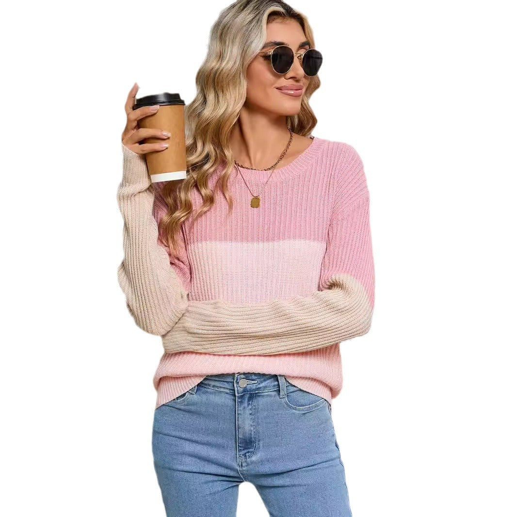 Dame strikket sweater i fashionable farveblok design Stilla