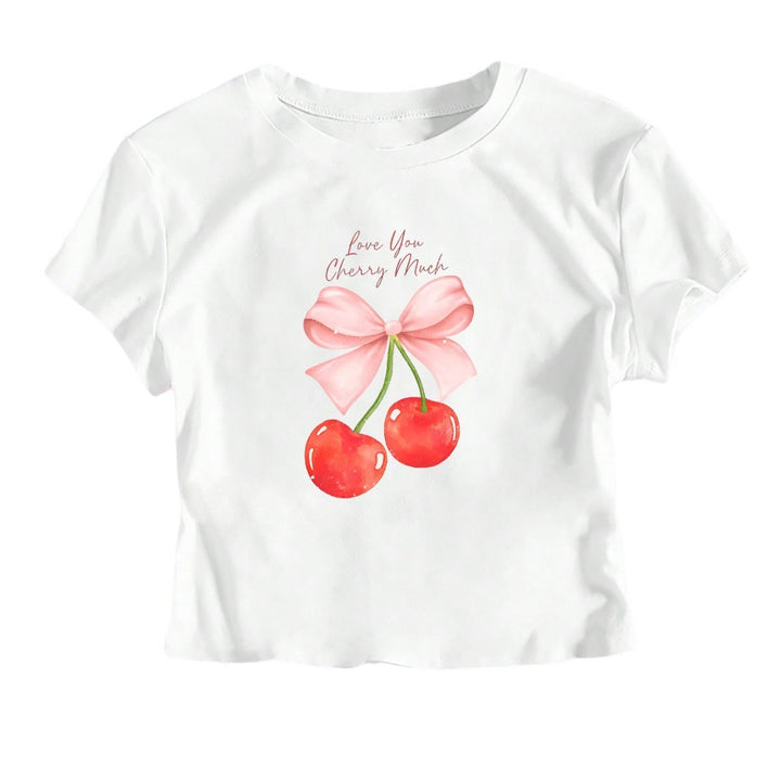 Dame crop-top med glad kirsebærmotiv og sløjfetryk Skovae