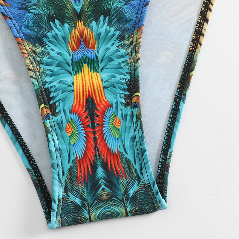 Dame Push-Up Bikini-Sæt med eksotisk påfuglemønster og elegante smykkedetaljer Skovae