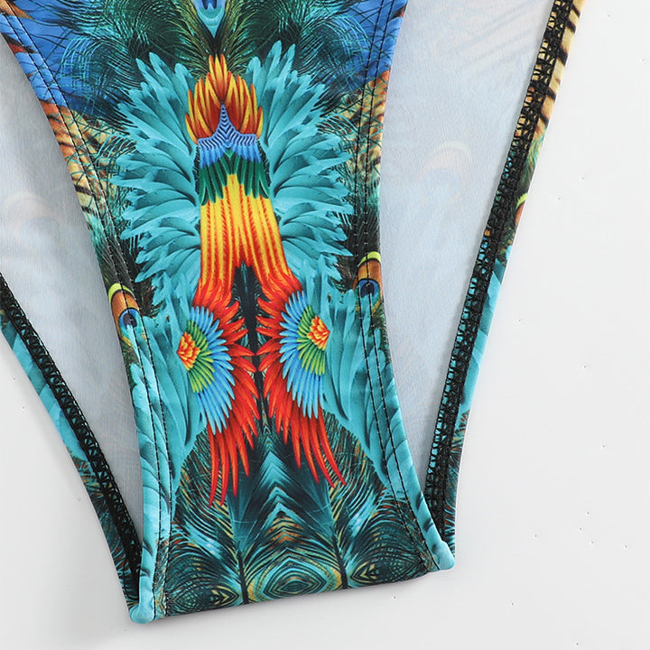 Dame Push-Up Bikini-Sæt med eksotisk påfuglemønster og elegante smykkedetaljer Skovae