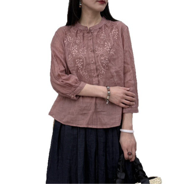 Femme Broderet Linned Knap Bluse Stilla